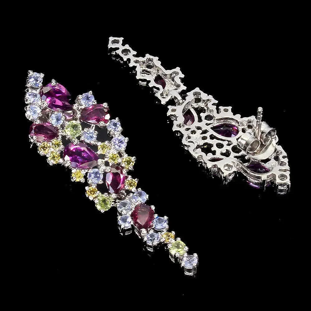 Unheated Pear Rhodolite Peridot Sapphire Tanzanite 925 Sterling Silver Earrings - Picture 3 of 3